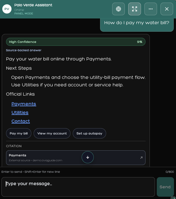 Palo Verde Assistant water bill payment response