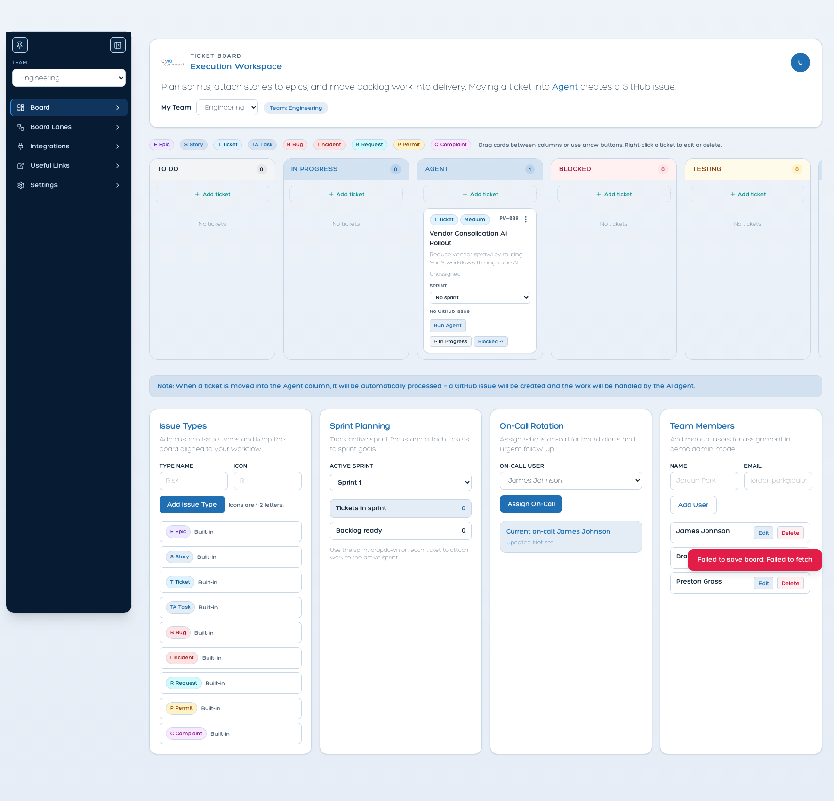 LogIQ Stack ticket board proof